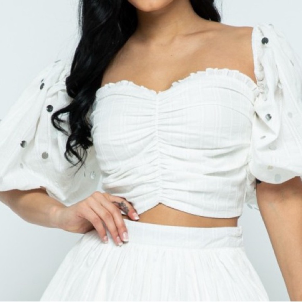 White Puff Sleeve Ruched Crop Top -